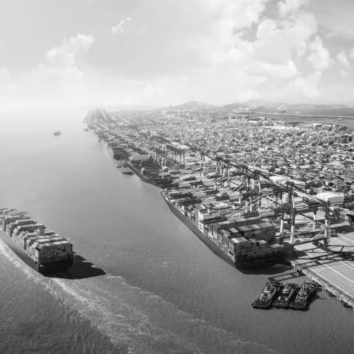 Container ship port bw